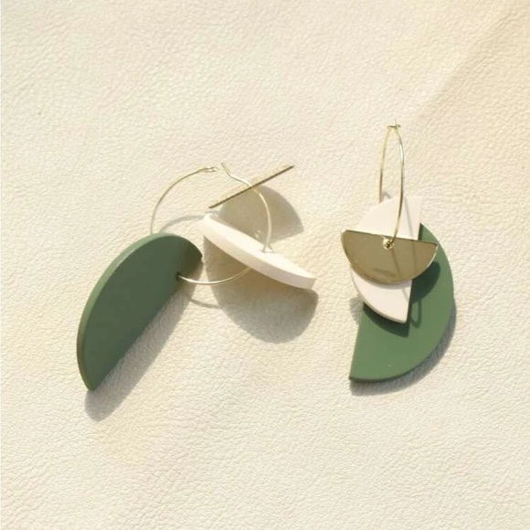 Green White and Gold Clay Half Circle Drop Hoop Earrings - Picture 3 of 3
